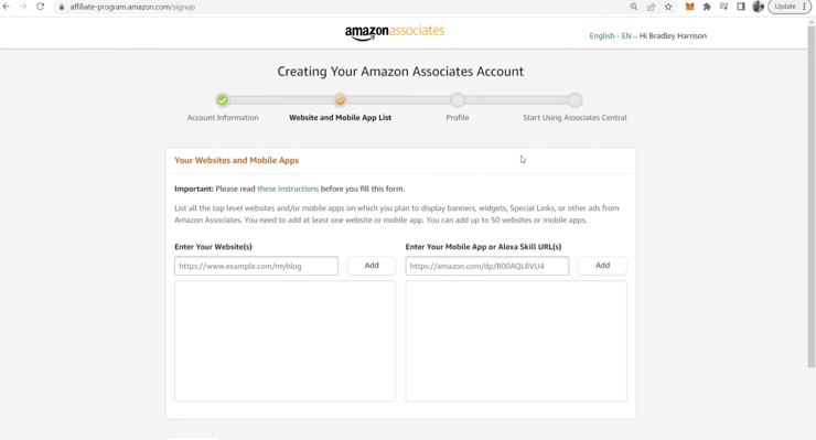 an image showing a page to Add a website app or social channel to Amazon Associates