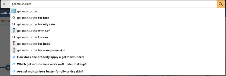 Amazon Search Suggestions for Gel Moisturizer