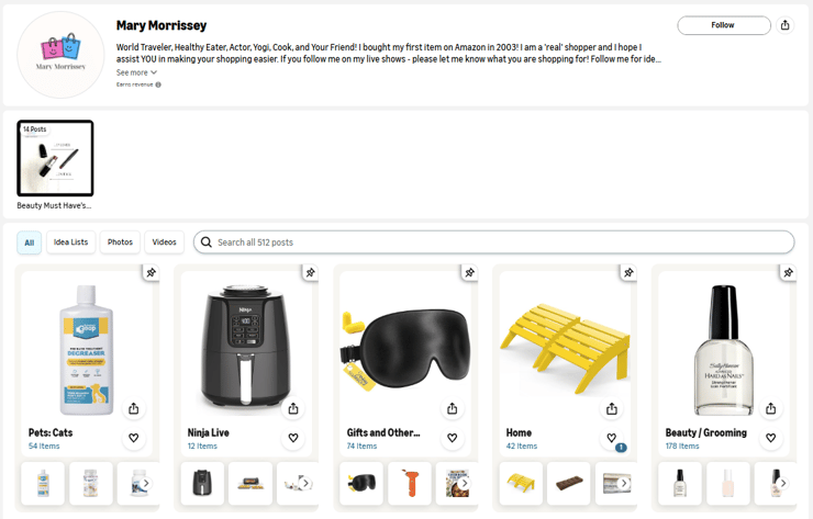 an image showing a catalogue of items under a profile