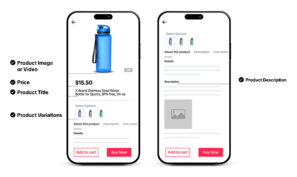 Two phone screens showing a product page